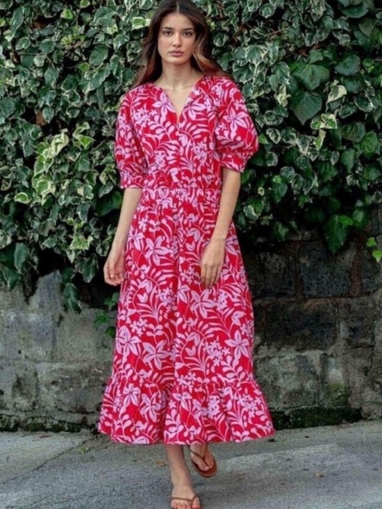 voyager Dresses & Skirts - Voyageur Mersea Hedy Tropical red Floral Puff Sleeve Tiered Midi